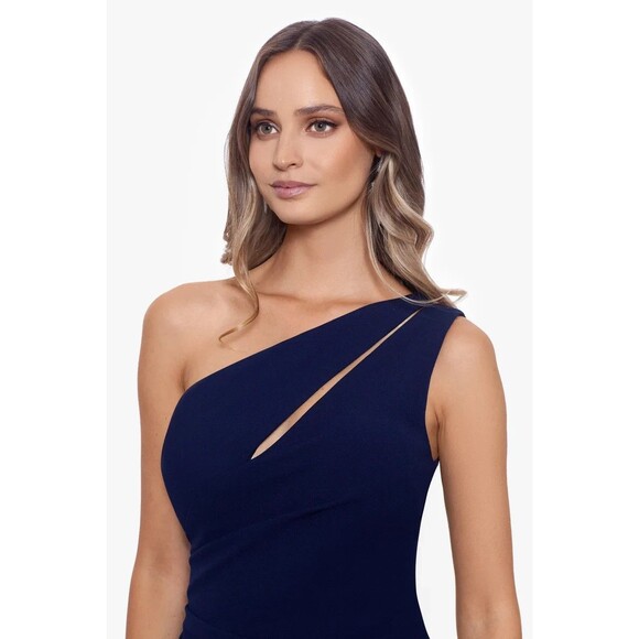 Betsy & Adam True Cut Out One Shoulder Side Ruche Long Formal Gown sz 8 Navy - Picture 2 of 8